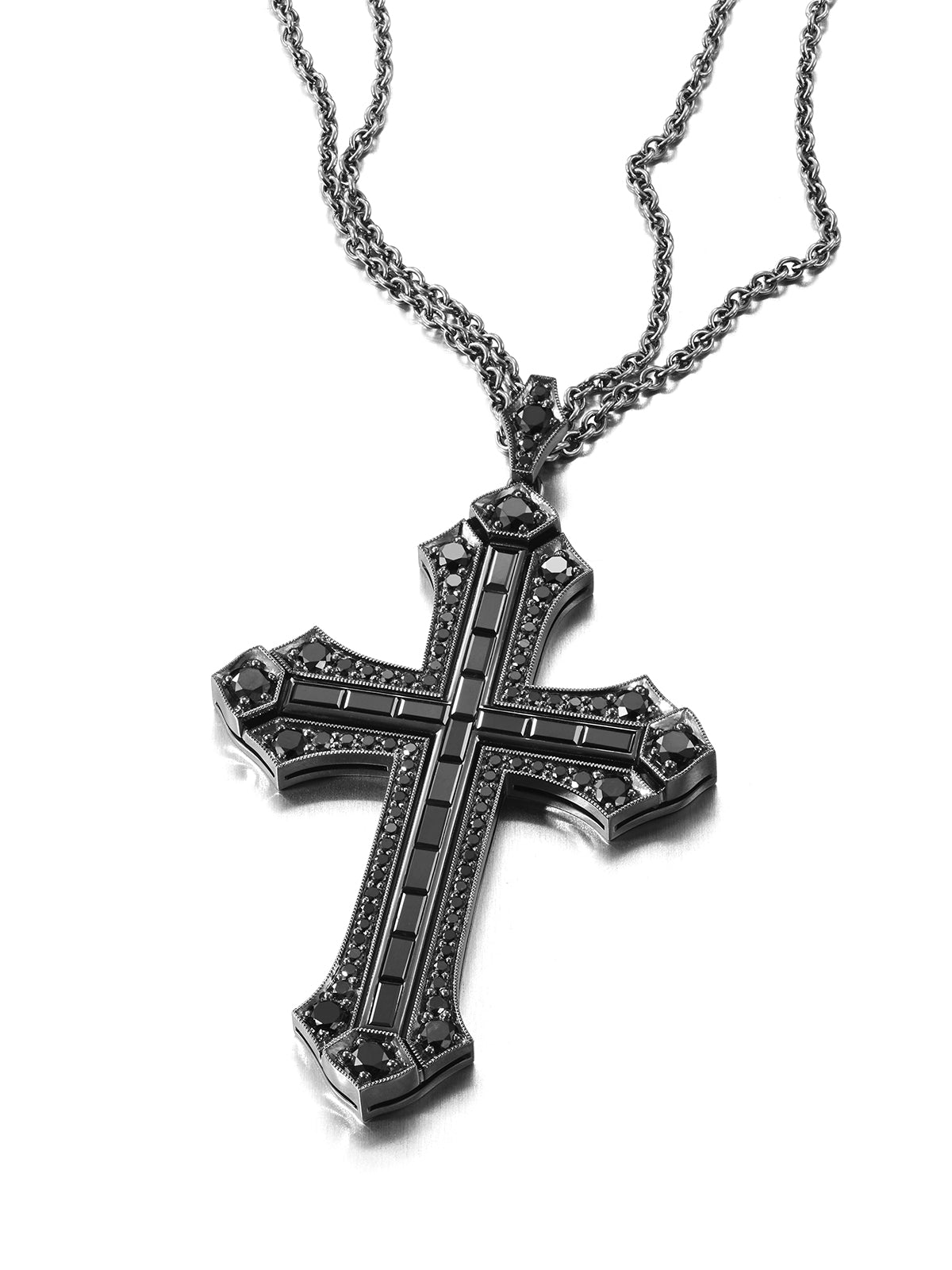 Unique white gold cross necklace with black diamonds