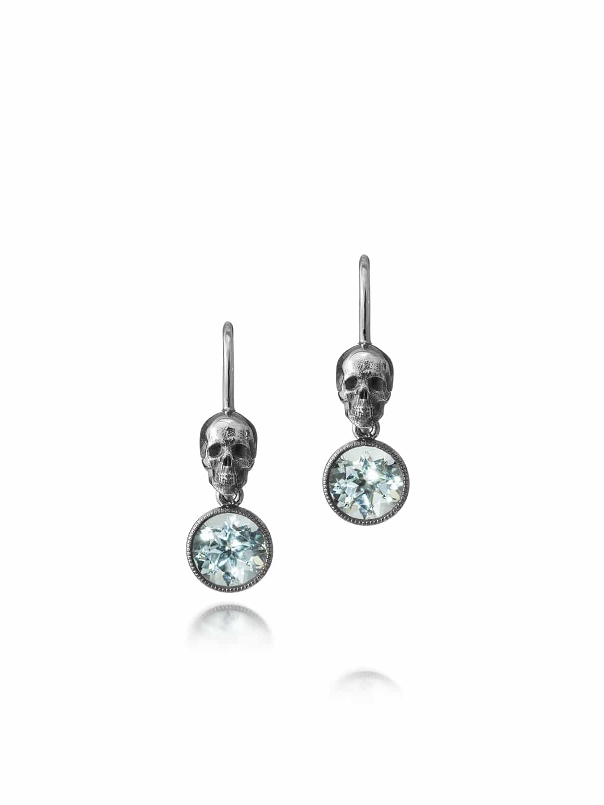 Skull hook earrings with green beryls in 18k black rhodinated white gold.
