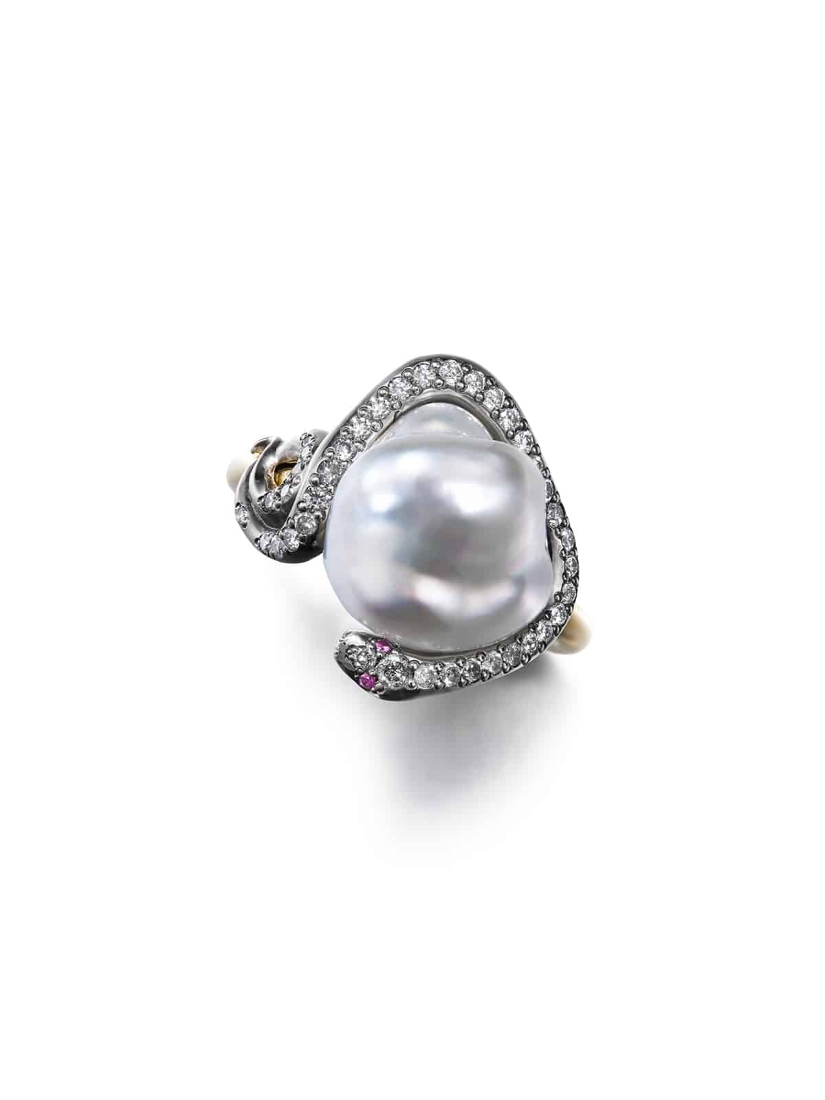 A South Sea Keshi pearl ring with a diamond-studded white gold serpent entwining the pearl, set in a gold band.