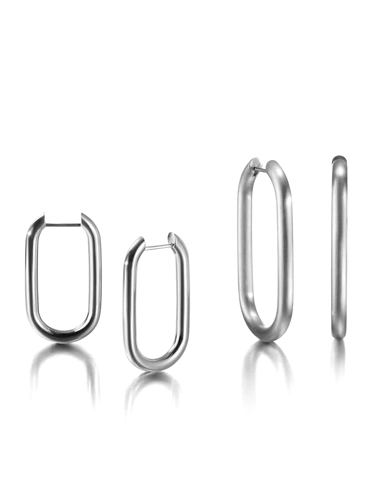 Stapled hoop earrings in silver, small and oversized with polished or matt finish.