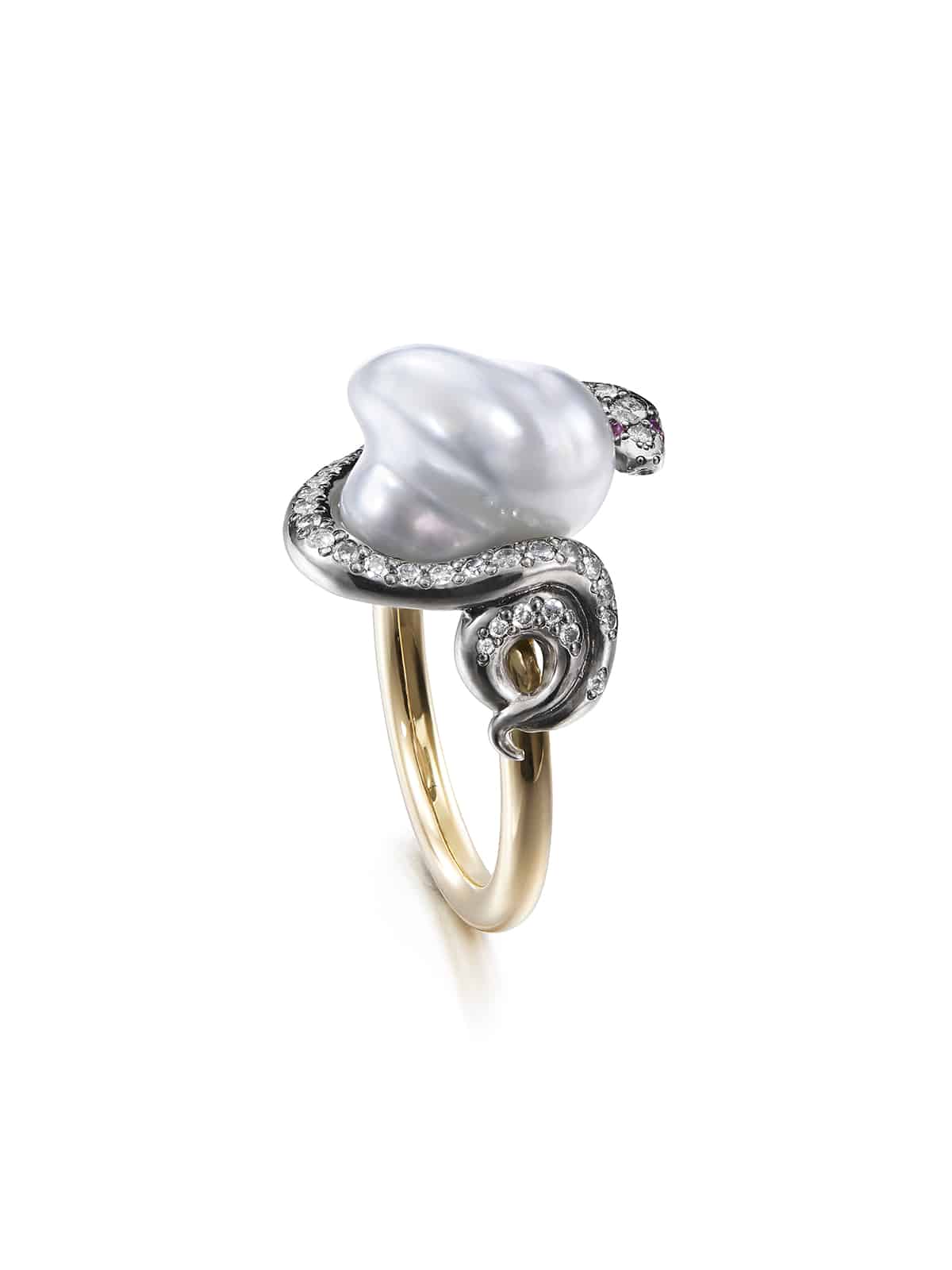 A South Sea Keshi pearl ring with a diamond-studded white gold serpent entwining the pearl, set in a gold band.