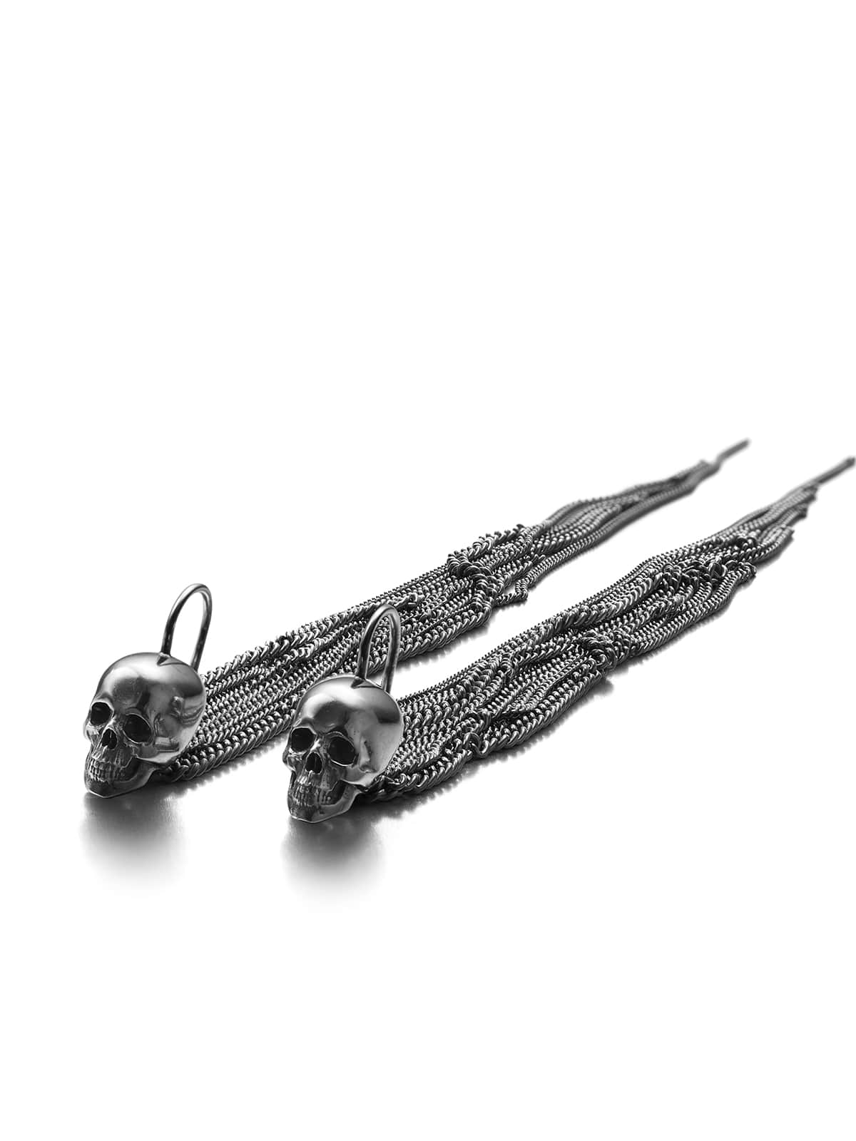 Medusa earrings in blackened silver. Skull earrings with chains part of Heidi Vornan's Skull Collection