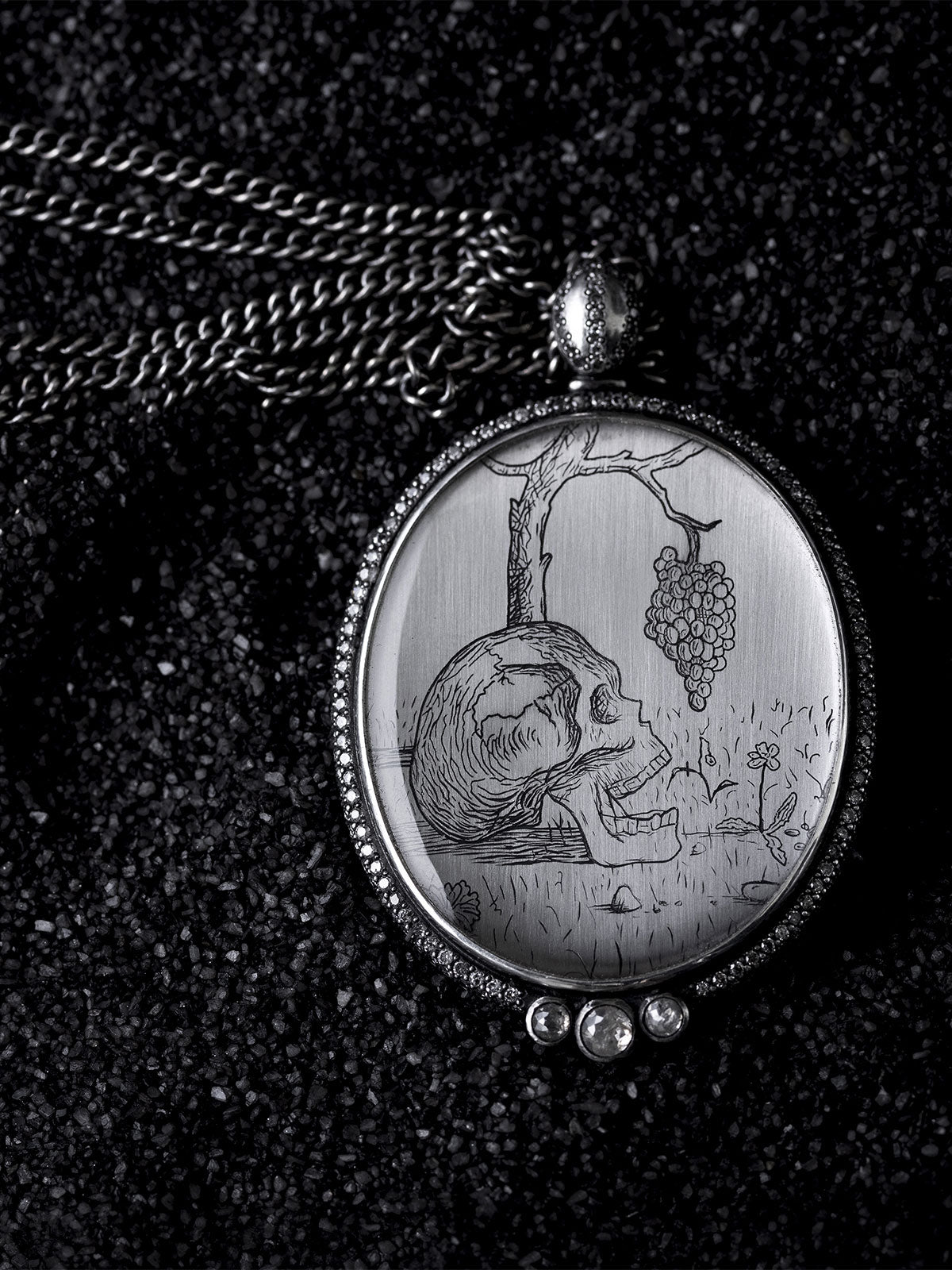 Post Festum diamond edition. Statement Victorian necklace with salt&pepper diamonds, Hugo Simberg artwork and rock crystal.