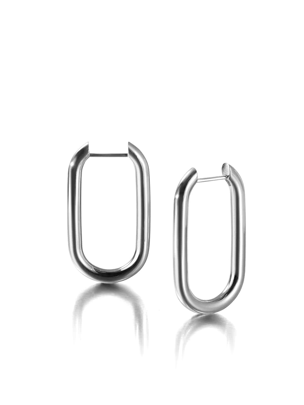A pair of silver hoop earrings with a stapled design, displayed against a white background.